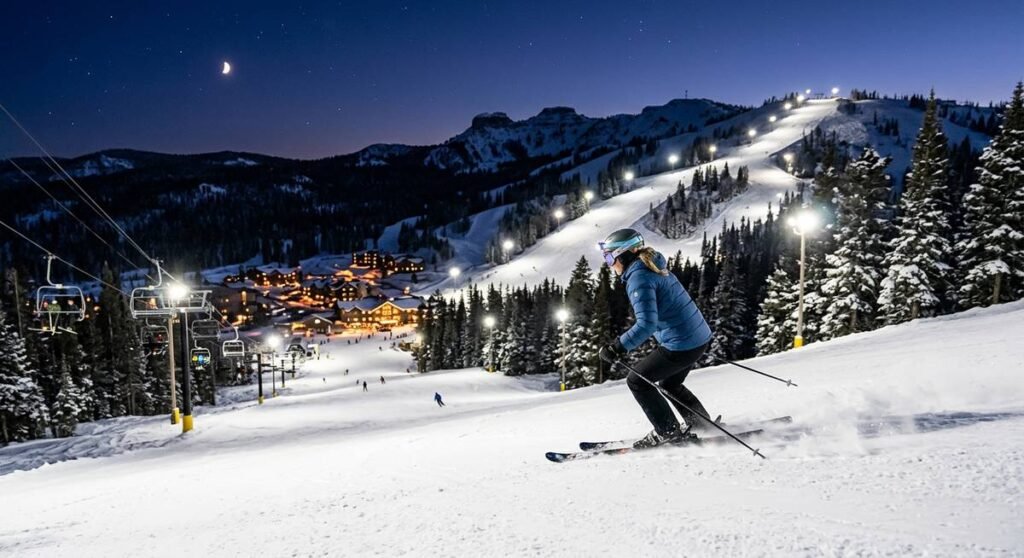Illuminated ski slopes at Brian Head Resort during a night skiing session under bright lights against a dark Utah sky