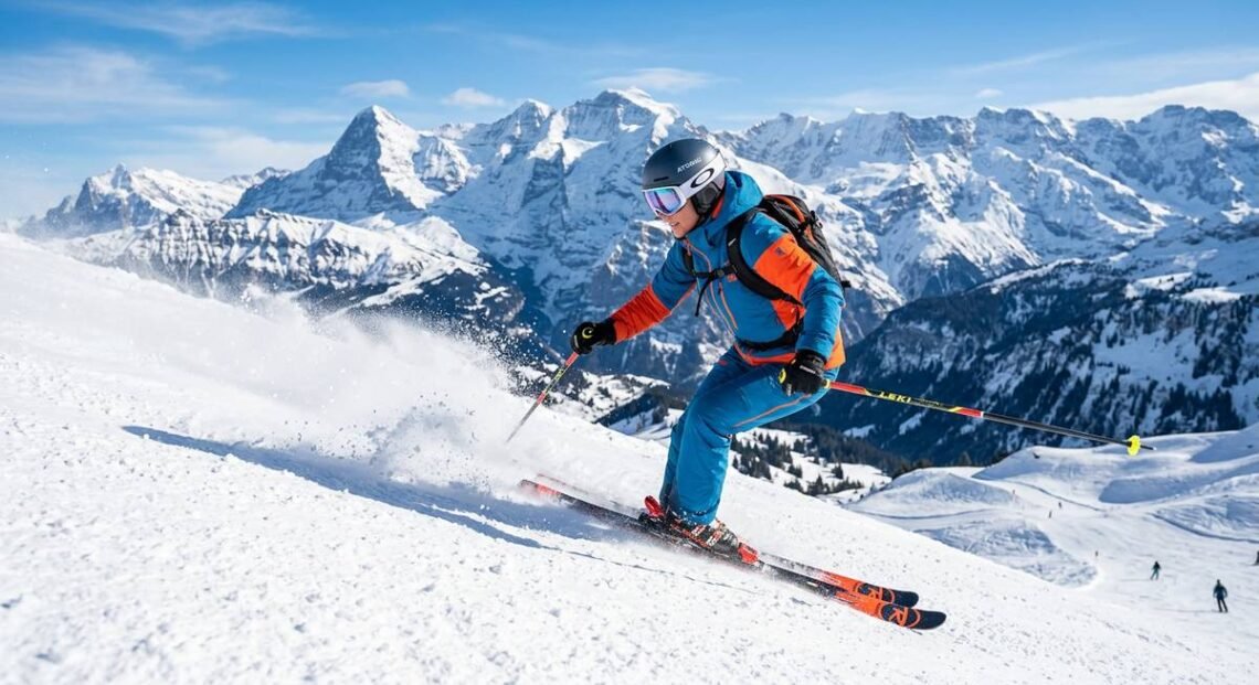 Skier carving down a snowy mountain slope — complete guide to calories burned skiing