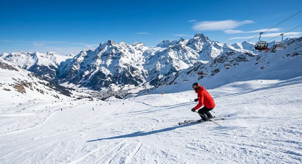 Aerial view of Engelberg Switzerland ski resort with Titlis glacier and snowy alpine peaks