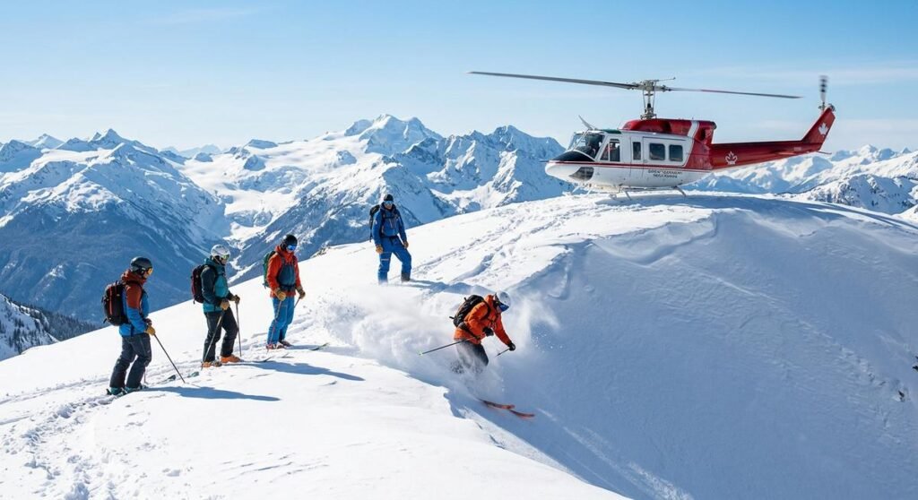 Helicopter banking above deep powder terrain in the Selkirk Mountains near Golden BC — Great Canadian Heli-Skiing territory