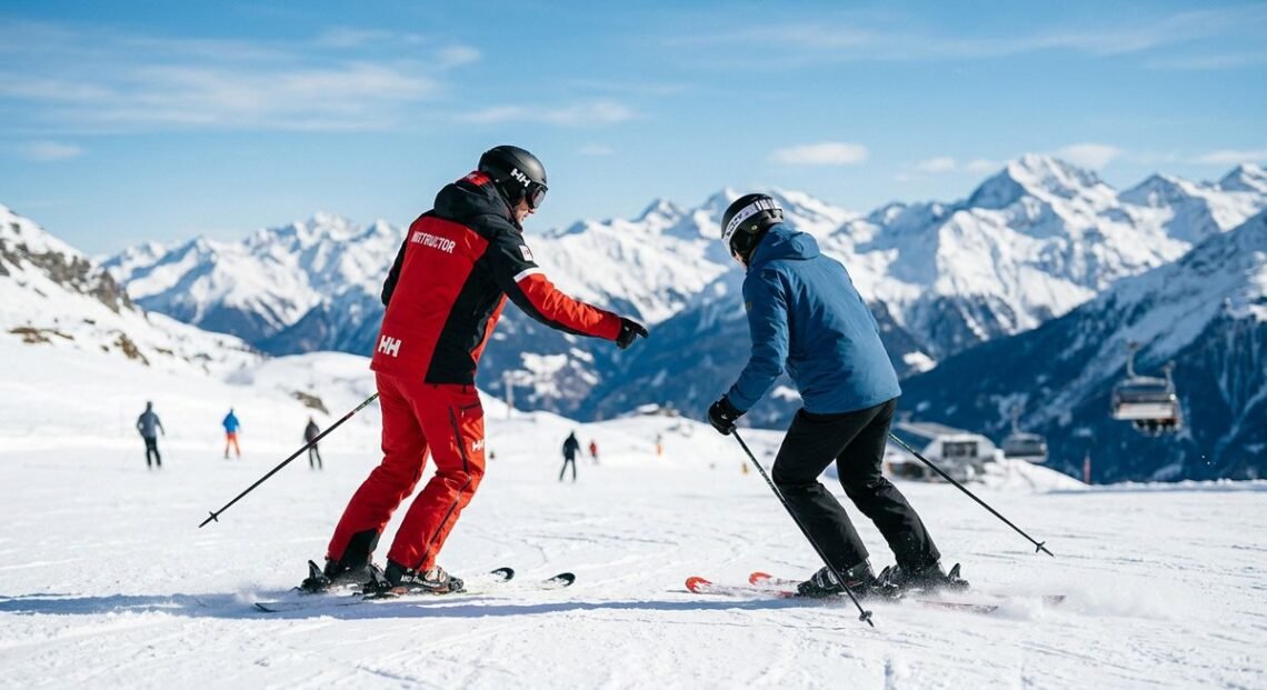 Skier carving through fresh powder on a mountain slope at sunrise