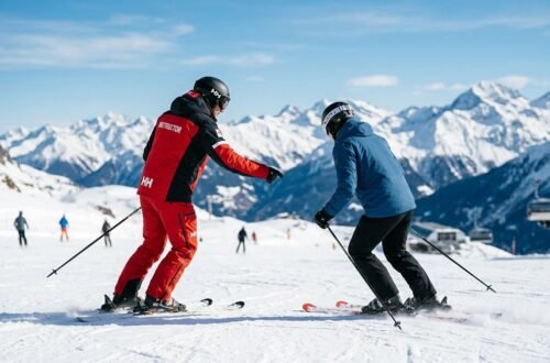 Skier carving through fresh powder on a mountain slope at sunrise