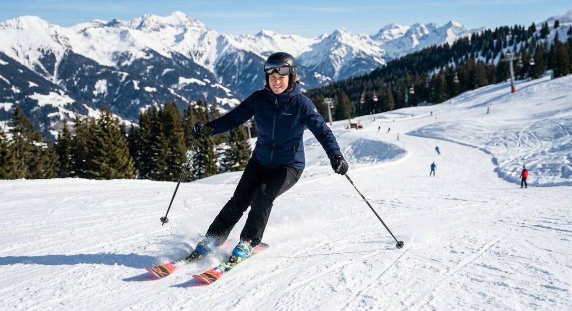 Skier stopping on a groomed slope with snow spraying