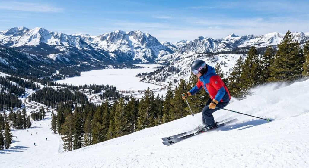 Aerial view of June Mountain ski runs above the June Lake Loop in California's Eastern Sierra Nevada