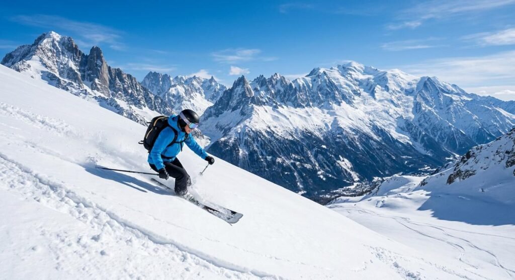 Panoramic winter view of the Mont Blanc massif with ski pistes descending through the Chamonix valley