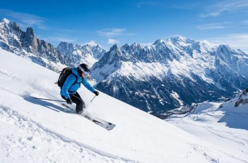 Panoramic winter view of the Mont Blanc massif with ski pistes descending through the Chamonix valley