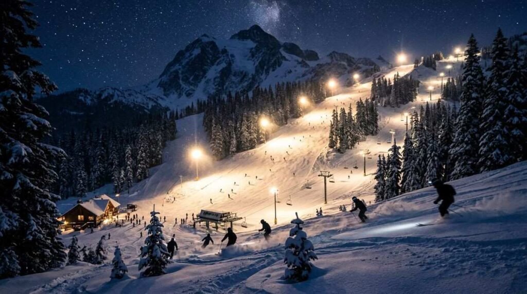Mt Baker night skiing with illuminated slopes and skiers carving through fresh powder under stadium lights