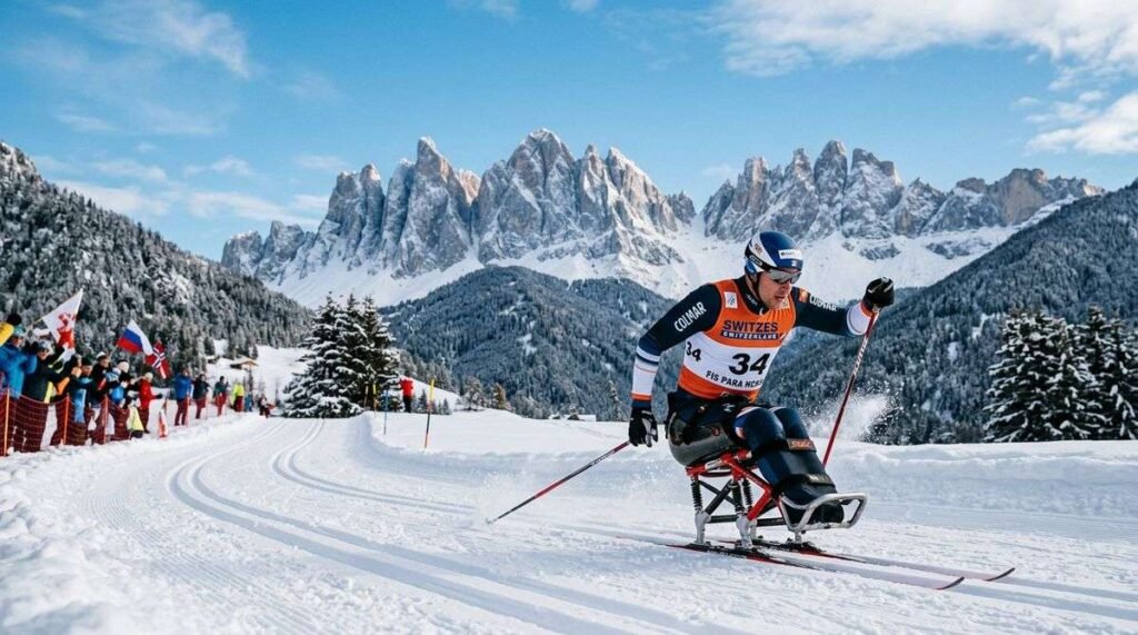 Paralympic cross country skier racing on sit-ski across snowy trail with mountain backdrop