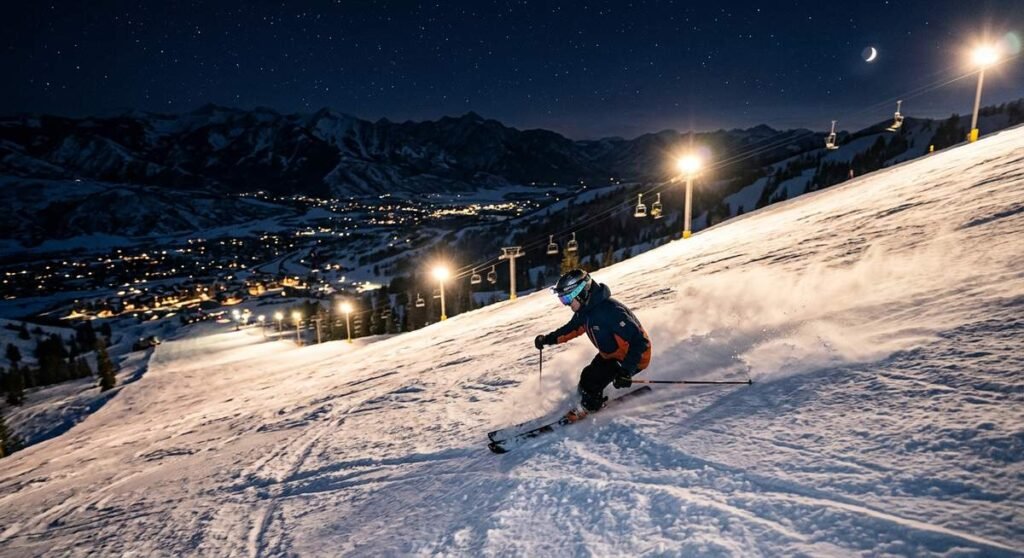 Powder Mountain night skiing with lit runs descending through snow-covered terrain under evening lights in Eden, Utah