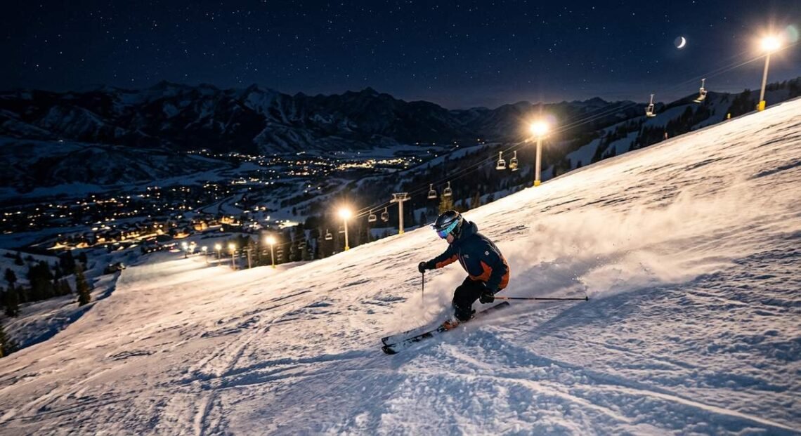Powder Mountain night skiing with lit runs descending through snow-covered terrain under evening lights in Eden, Utah