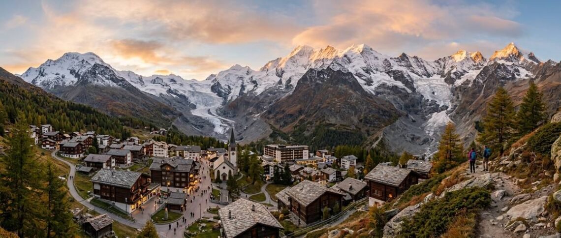 Saas-Fee village panorama surrounded by Swiss Alps glaciers and peaks