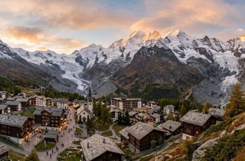 Saas-Fee village panorama surrounded by Swiss Alps glaciers and peaks