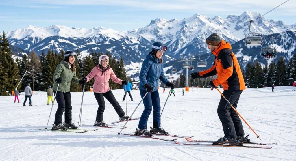 Adult beginner skier in full gear standing at the base of a gentle green run on a sunny day, looking confident and ready to ski for the first time