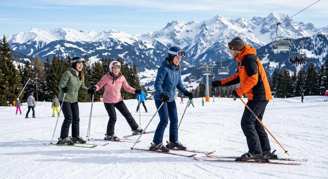 Adult beginner skier in full gear standing at the base of a gentle green run on a sunny day, looking confident and ready to ski for the first time
