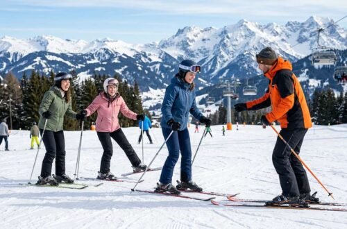 Adult beginner skier in full gear standing at the base of a gentle green run on a sunny day, looking confident and ready to ski for the first time