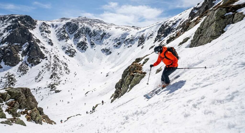 Skiers ascending the Tuckerman Ravine Trail on Mount Washington with the steep headwall visible above the ravine floor