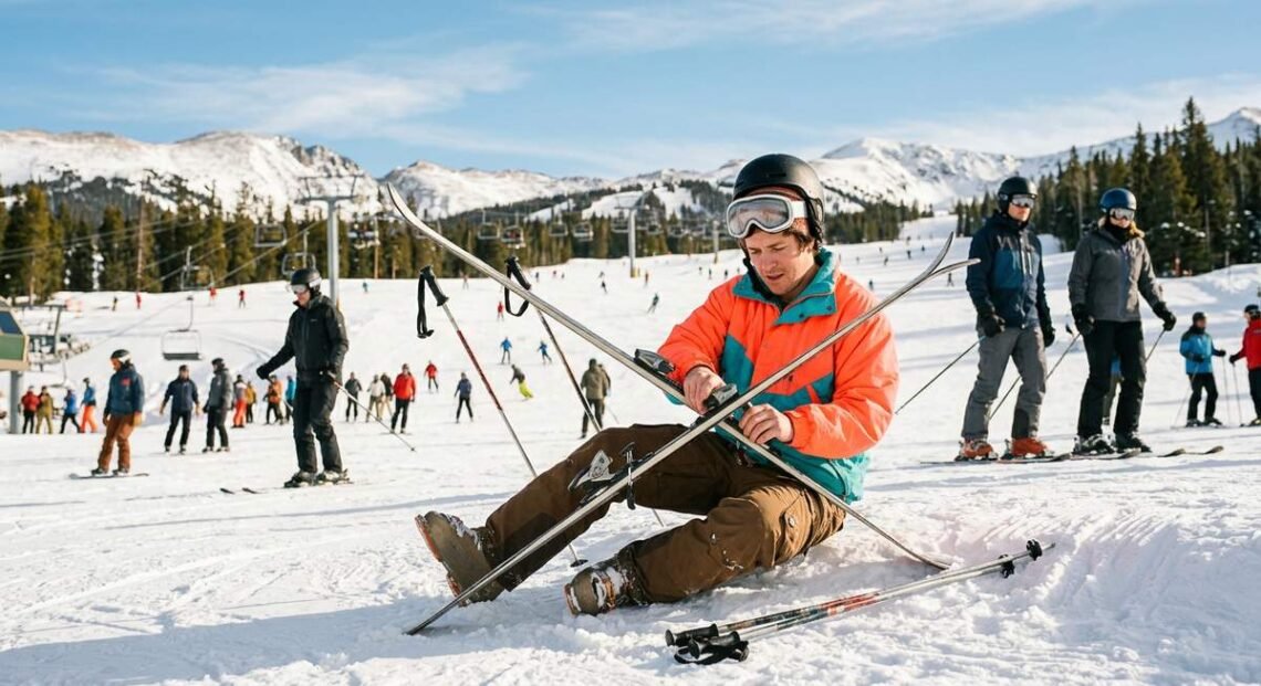 A confused skier on a slope illustrating what a jerry looks like in skiing — helmet askew, pizza wedge stance, and total lack of mountain awareness
