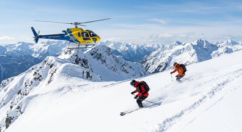 white wilderness heli skiing operation near Terrace BC with Coast Mountain backdrop and helicopter on snow