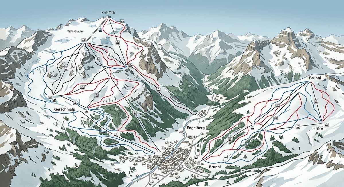 Piste map overview of Engelberg ski resort showing Titlis, Stand, Trübsee, Brunni and Jochpass terrain zones