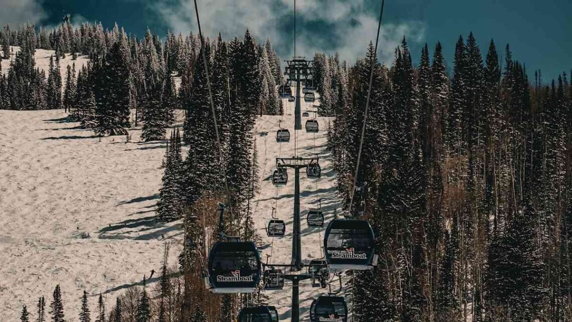 Steamboat gondola cabins climbing a snowy ridge, an Ikon Pass unlimited resort in the epic vs ikon pass decision